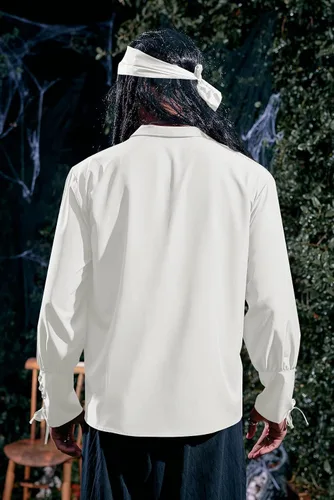 Vista 5 de Camisas de pirata vikingo medieval para hombre, disfraz renacentista, tops escoceses 01 Blanco