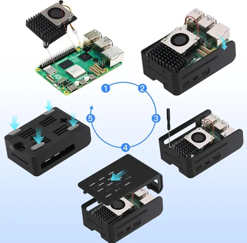 Vista 6 de TRASKIT Kit básico para Raspberry Pi 5 2 GB de RAM, fuente de alimentación PD de 27 W, estuche PI5, enfriador activo y placa única Pi 5 de 2 GB
