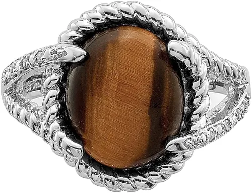 Vista 5 de Anillo de plata de ley 925 con diseño de ojo de tigre, cuarzo y diamantes de imitación, piedra preciosa, concha natural, joyería fina para mujer