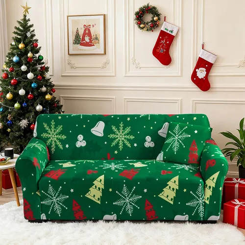 Vista 10 de Funda de sofá de Navidad Verde, Funda Elástica para Sofá, Funda Deslizante para Sofás y Sofás de Dos Plazas, 1 Pieza, Funda Temática Navideña