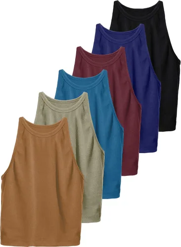 Vista 7 de 6 piezas de camisetas cortas básicas sin mangas con espalda cruzada de algodón para mujeres y niñas uso diario
