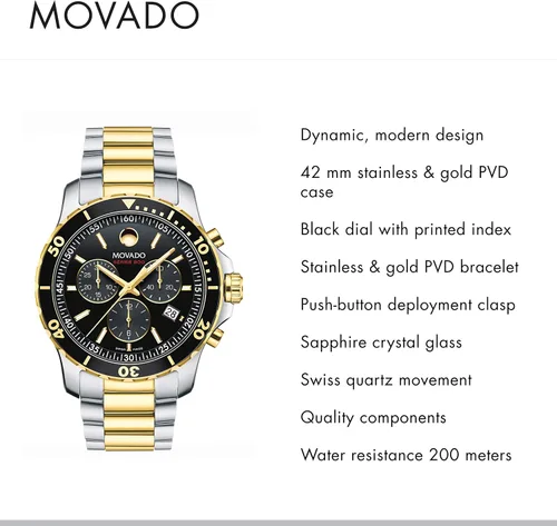 Vista 2 de Movado Series 800 Men's Watch - Swiss Quartz Chronograph Movement, Stainless Steel Link Bracelet - 20 ATM Water Resistance - Luxury Fashion