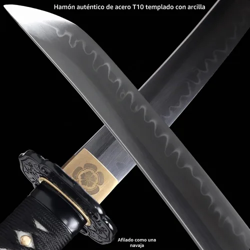 Vista 3 de Tanto Sword - Espada corta hecha a mano de arcilla katana templada de acero T10 real Hamon espada samurái de espiga completa afilada