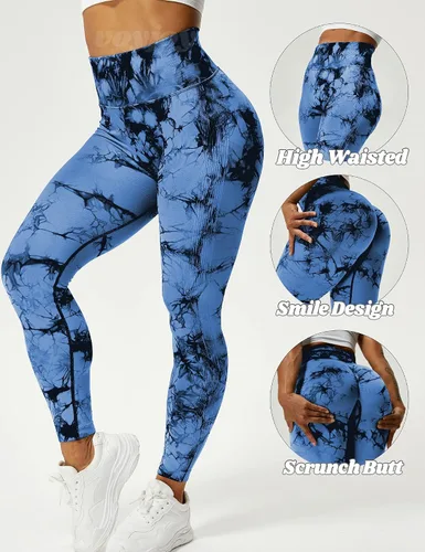 Vista 2 de VOYJOY Leggings sin costuras de teñido anudado para mujer pantalones de yoga de cintura alta mallas elásticas con levantamiento de glúteos