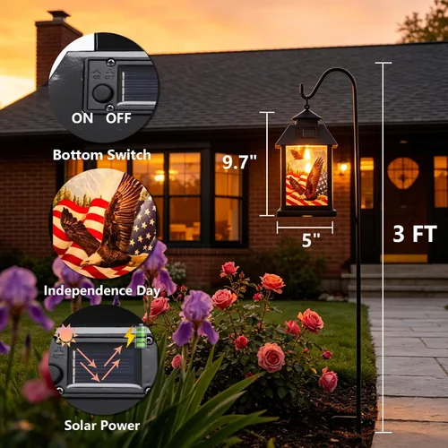 Vista 6 de Afirst Farol solar para exteriores, luces colgantes decorativas con bandera estadounidense, iluminación al aire libre, luces impermeables