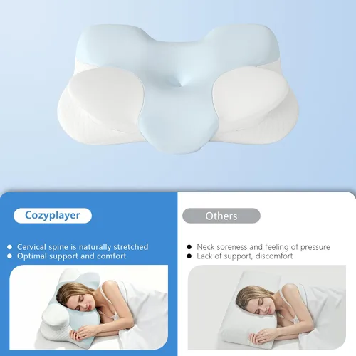 Vista 8 de Cervical Memory Foam Pillow, Ergonomic Contour Support for Neck Pain Relief Blue and White