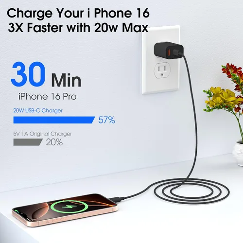 Vista 3 de Cargador para iPhone 17 16 15 de carga rápida, bloque de cargador de pared USB C de 20 W con cable de tipo C a C de 10 pies para Apple iPhone 17/17