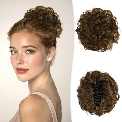 Vista 11 de RUWISS Extensiones de cabello humano real, ondulado y rizado, moño despeinado, cola de caballo para mujer (12H24# castaño rojo/rubio mediano)