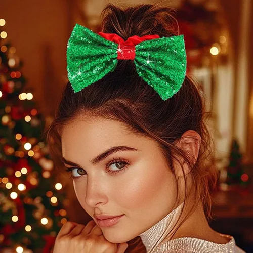 Vista 3 de CAKURE Coleteros para el cabello con lazo de Navidad, lazos verdes para el cabello, terciopelo rojo, banda elástica para el cabello, soporte