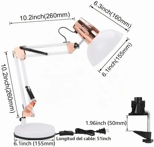 Vista 5 de PowerKing - Lámparas de escritorio de metal con brazo oscilante con base y abrazadera, oro rosa blanco