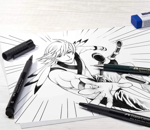 Vista 5 de Faber-Castell Pitt Artist Pen - Kit de dibujo de manga negra, 4 unidades, puntas surtidas, kit de dibujo de anime y manga