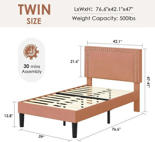 Vista 150 de VECELO Base de cama de plataforma de tamaño individual con cabecera tapizada de altura ajustable, base de colchón moderna, soporte de listones