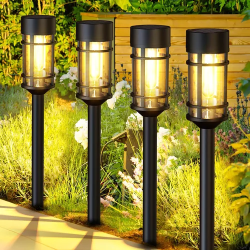 Vista 8 de ILANCK Luces solares para caminos, luces solares para exteriores, paquete de 8 unidades, diseño de metal y vidrio, impermeable, encendido y apagado