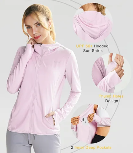Vista 4 de Libin sudadera con capucha para mujer con cremallera completa UPF 50 capucha con protección solar de manga larga para senderismo para exteriores