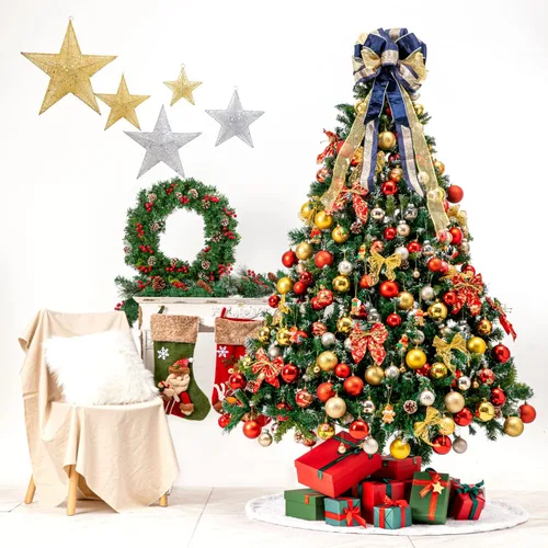 Vista 2 de Adorno de Lazo Azul Dorado para la Punta del Árbol de Navidad - 33 x 13 Pulgadas Lazo de Regalo Grande Hecho a Mano Decoración para Coronas