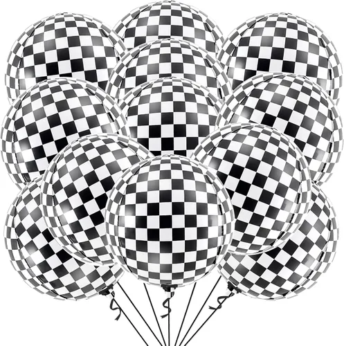 Vista 3 de KatchOn, Globos de punta negra con globos a cuadros blancos y negros, paquete de 62, globos negros con forma de estrella en explosión, suministros