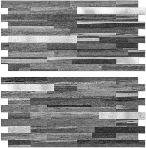 Vista 12 de AULIGET - 20 láminas de azulejos de pared de PVC autoadhesivos con aspecto de madera desgastada, para salpicadero de cocina Madera vintage + metal