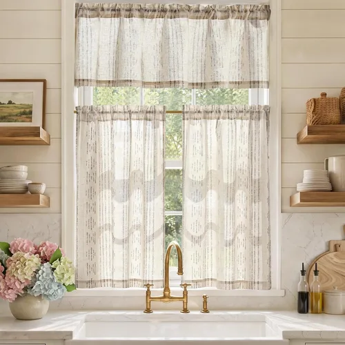 Vista 23 de Jinchan - Juego de cortinas y cenefas de cocina estilo bohemio negro sobre beige y bolsillo para barra Boho Negro sobre Beige