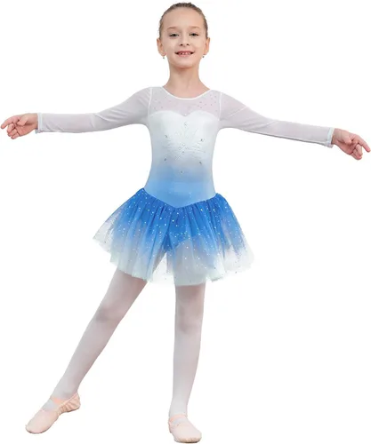 Vista 3 de EQSJIU Longsleeve Ballet Leotard with Tutu Skirt for Girls Dance Gymnastics Toddlers Sparkly Snowflake Party Dress Kids