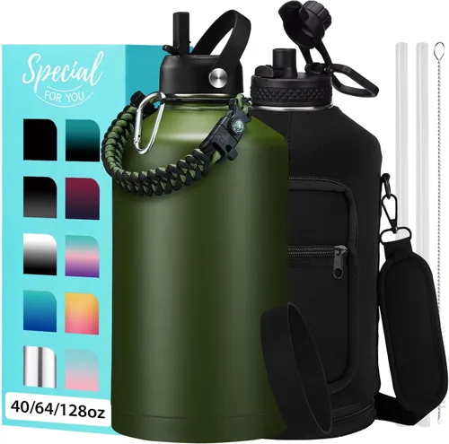 Vista 18 de Botellas de agua de 32 onzas aisladas con pajita y tapa para beber de un sorbo, asa de paracord, bolsa de transporte con correa, termo de triple