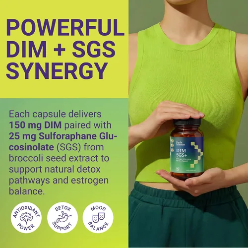 Vista 6 de DIM SGS+ Suplemento de 150 mg para mujeres y hombres - Apoya niveles hormonales saludables, estrógeno, metabolismo, desintoxicación - Semilla