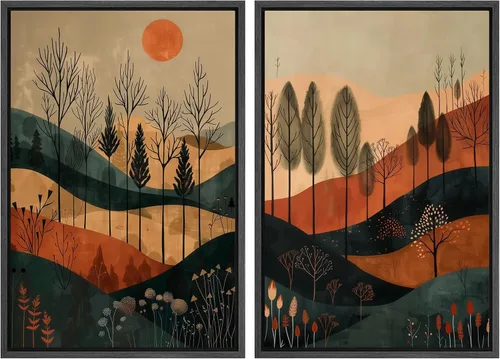 Vista 41 de SIGNFORD Lienzo enmarcado para pared, juego de arte geométrico retro de mediados de siglo, plantas forestales, ilustraciones con formas abstractas
