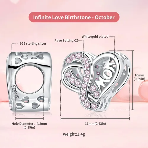 Vista 4 de VOROCO Sterling Silver Mom Charm Birthstone for Bracelets and Necklacesfront and back Consistent Infinity charms Heart for Mothers Birthday