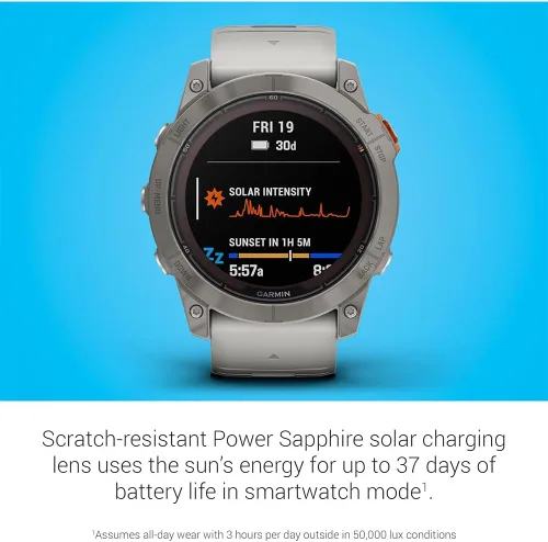 Vista 7 de Garmin Fenix 7X Pro Sapphire Solar, reloj inteligente GPS multideportivo, linterna integrada, carga solar, titanio con banda gris nieblanaranja