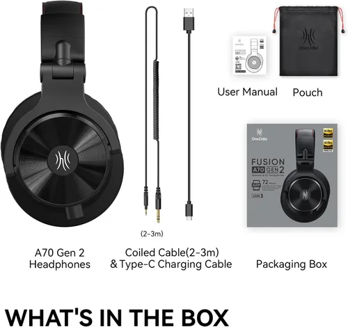 Vista 9 de OneOdio Auriculares Bluetooth A70 Gen 2 y con cable sobre la oreja con LDAC Tiempo de reproducción de 72 horas, Bluetooth 6.0, micrófono integrado