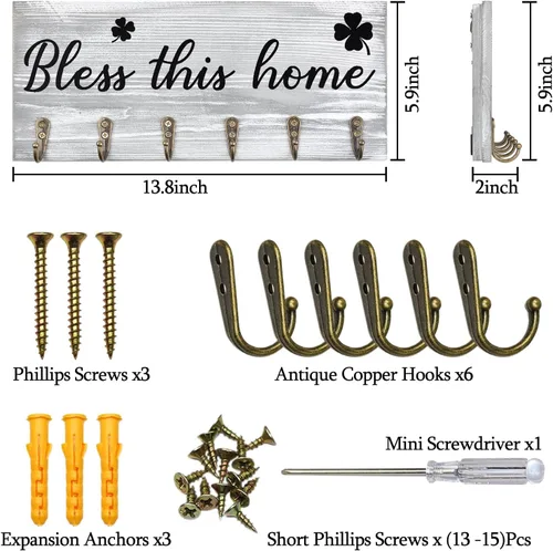 Vista 6 de Soporte de pared para llaves con palabras "Bless This Home", colgador de llaves de madera rústica con 6 ganchos para decoración de casa de campo