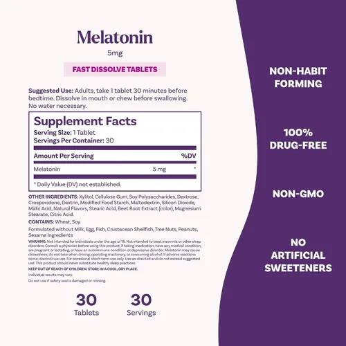 Vista 6 de Natrol Melatonina de disolución rápida de 5 mg, suplementos de melatonina para un sueño reparador, apoyo para el sueño para adultos, 30 tabletas