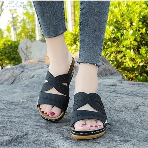 Vista 2 de Ladmiple Sandalias de moda para mujer, planas, cómodas, ortopédicas, para caminar, puntera abierta, soporte de arco, elegantes sandalias ortopédicas