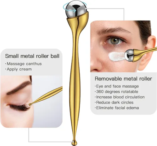 Vista 3 de LISAPACK Varita de rodillo de crema de ojos de metal, masaje facial, masajeador facial para aplicador, reduce la hinchazón (dorado)