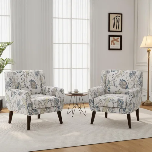Vista 16 de Accent Chair Set of 1, Comfy Reading Armchair, Beige Linen Blend, Tufted Button Backrest, Solid Wood Frame, Upholstered Club Single Sofa Chairs