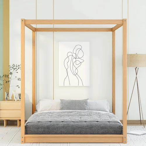 Vista 3 de Harper & Bright Designs Cama de plataforma con dosel de tamaño Queen, marco de cama de madera Queen con patas de apoyo, cama Queen con dosel