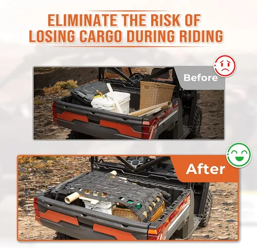 Vista 4 de Kemimoto Red de Carga para UTV de Servicio Pesado Elástica para Portaequipajes de Techo Riel de Cama Red de Carga Bungee con Correas Compatible