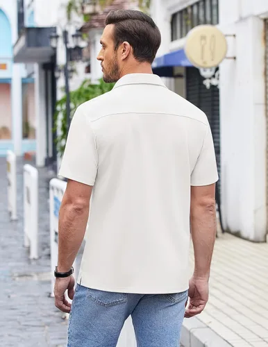 Vista 3 de COOFANDY Camisas casuales con botones para hombre, de manga corta, ajuste regular, sin pliegues, de punto, texturizadas