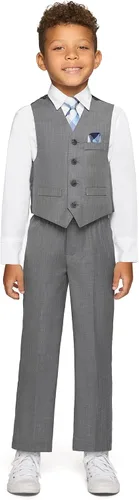 Vista 7 de Nautica Conjunto de traje formal de 4 piezas para niños con chaleco, pantalones, camisa de vestir con cuello y corbata Lino Azul