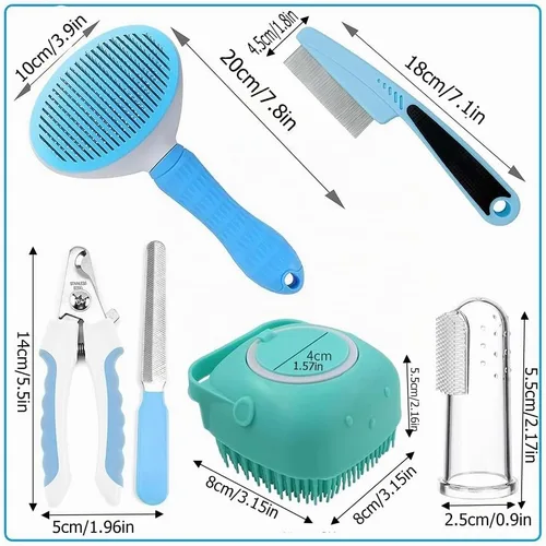 Vista 7 de Kit de aseo para mascotas, kit de limpieza automática con cortaúñas, peine de pulgas, cepillo de baño de champú, cepillo de dientes para dedos, Azul