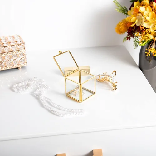 Vista 7 de Feyarl Pequeña caja de joyería de cristal transparente para baratijas aretes caja de sombra organizador decorativo para el cofre del tesoro con tapa