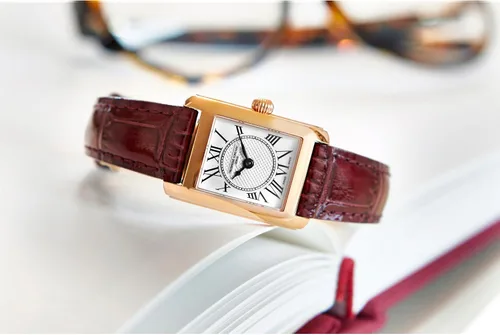 Vista 4 de Frederique Constant Ladies Swiss Quartz Classic Carrée Rose Gold-Tone Stainless Steel Watch with Burgundy Leather Strap, Style FC-200MC24