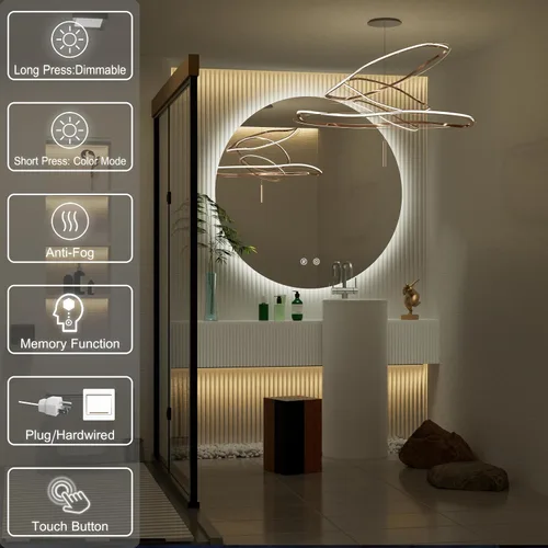 Vista 5 de Espejo de baño LED redondo de 32 pulgadas con luz, 3 temperaturas de color (3000 K/4500 K/6000 K), antiniebla, retroiluminación regulable, espejo