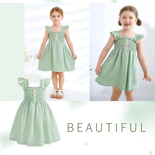 Vista 3 de JEELLIGULAR Vestido para niña pequeña, con volantes, sin mangas, con botones, vestido de verano para playa, casual, acampanado, vestido de verano