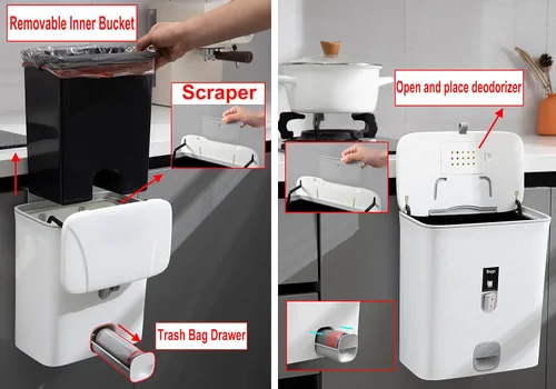 Vista 7 de Sooyee Bote de basura con tapa, cubo de basura pequeño de 2.4 galones, contenedor de plástico para abono colgante o de pie para Blanco