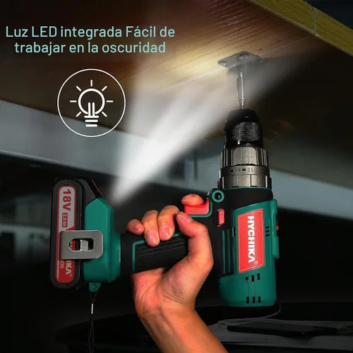 Vista 6 de HYCHIKA - Taladro de martillo inalámbrico de 18 V, taladro eléctrico de 400 In-lbs con mango auxiliar, mandril de metal de 1/2 pulgada, batería