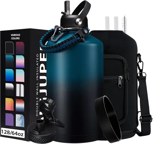 Vista 43 de Botella de agua aislada de 1 galón, con popote y tapa de pico automático, mango de paracord, funda para botella, botella de agua de acero inoxidable