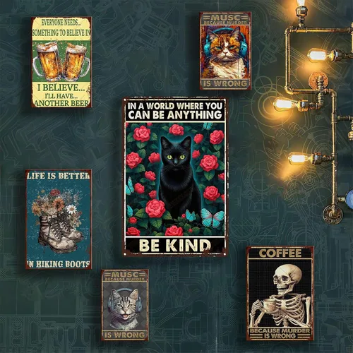 Vista 5 de TSEZLOJH Letrero de metal con diseño de gato negro en un mundo donde puedes ser cualquier cosa ser amable para decoración del hogar, 8 x 12 pulgadas