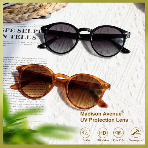 Vista 6 de Madison Avenue Paquete de 2 lentes de sol redondos retro para mujeres y hombres, protección UV, lentes de sol clásicos vintage para hombre y mujer