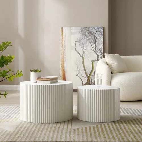 Vista 11 de JUSTONE Juego de 2 mesas de centro redondas anidadas, mesas decorativas de madera modernas marrones que ahorran espacio para espacios pequeños