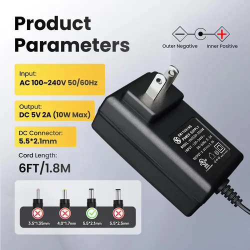 Vista 2 de Adaptador de fuente de alimentación de 6 pies UL 5V 2A 10W AC DC 2000mA 1A 1000mA 1.5A 1500mA Cable universal para Raspberry Pi, luz LED, marco